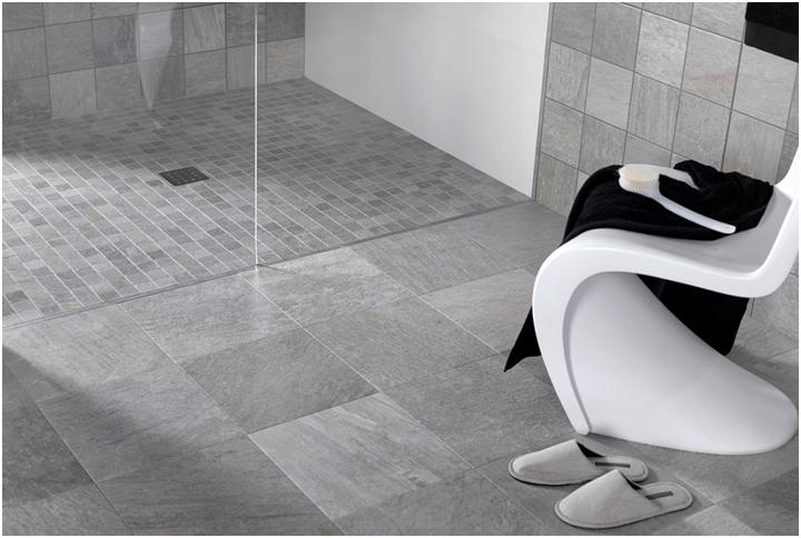 Walk in Shower Mosaic Floor with Shower Screen Grey tones